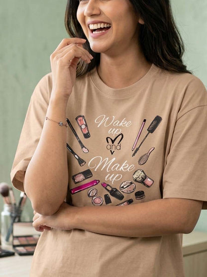 Wakeup & Makeup- Beige Round Neck Unisex Makeup Artist T-shirt