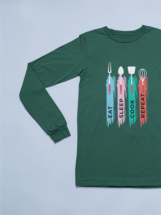 Eat Sleep Cook- Deep Green Crew Neck, Full Sleeves Chef T-shirt