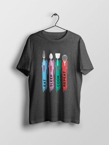 Eat Sleep Cook Repeat- Charcoal Grey Crew Neck Chef T-shirt