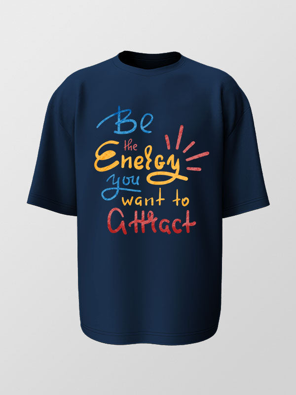 Energy you want to attract- Navy Blue Round Neck Yoga Oversized T-shirt