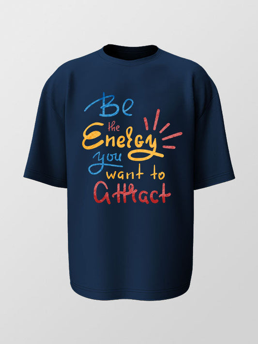 Energy you want to attract- Navy Blue Round Neck Yoga Oversized T-shirt