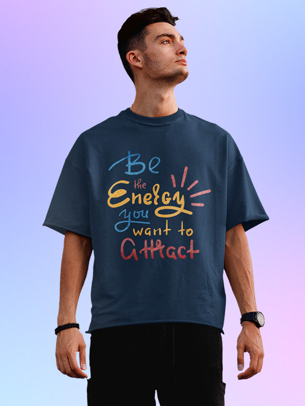 Energy you want to attract- Navy Blue Round Neck Yoga Oversized T-shirt