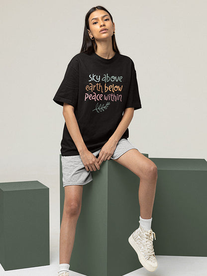 Peace Within- Black Round Neck Yoga Oversized T-shirt